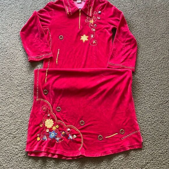 Futoun Egyptian Velvet Red Embroidered Maxi Dress with Gemstones large - Picture 1 of 11